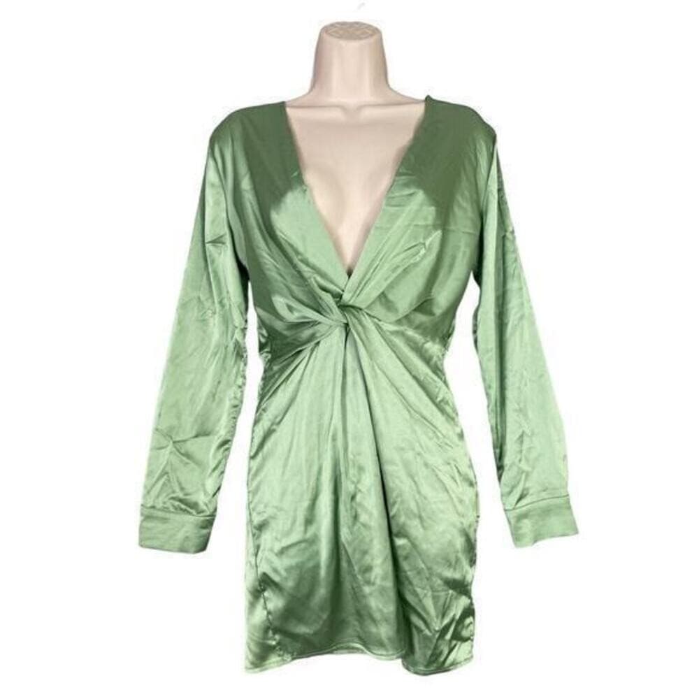 SHEIN Satin Nightgown Olive Green Long Bell Sleeve Tie Waist XS New NWT - Thumbnail 4