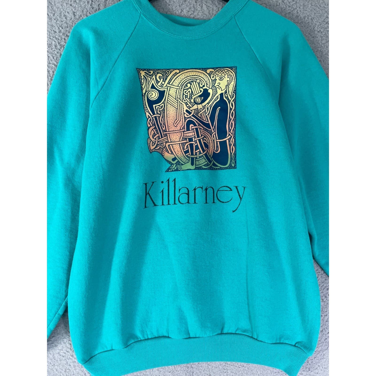 Vintage Killarney Graphic Sweatshirt XL Turquoise Irish Celtic Art Screen Stars - Thumbnail 4
