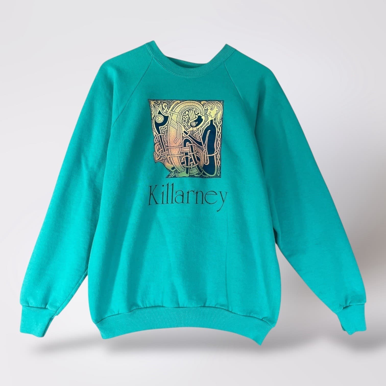 Vintage Killarney Graphic Sweatshirt XL Turquoise Irish Celtic Art Screen Stars