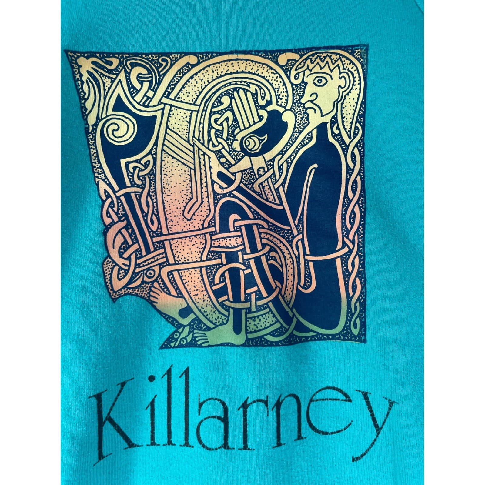 Vintage Killarney Graphic Sweatshirt XL Turquoise Irish Celtic Art Screen Stars - Thumbnail 5