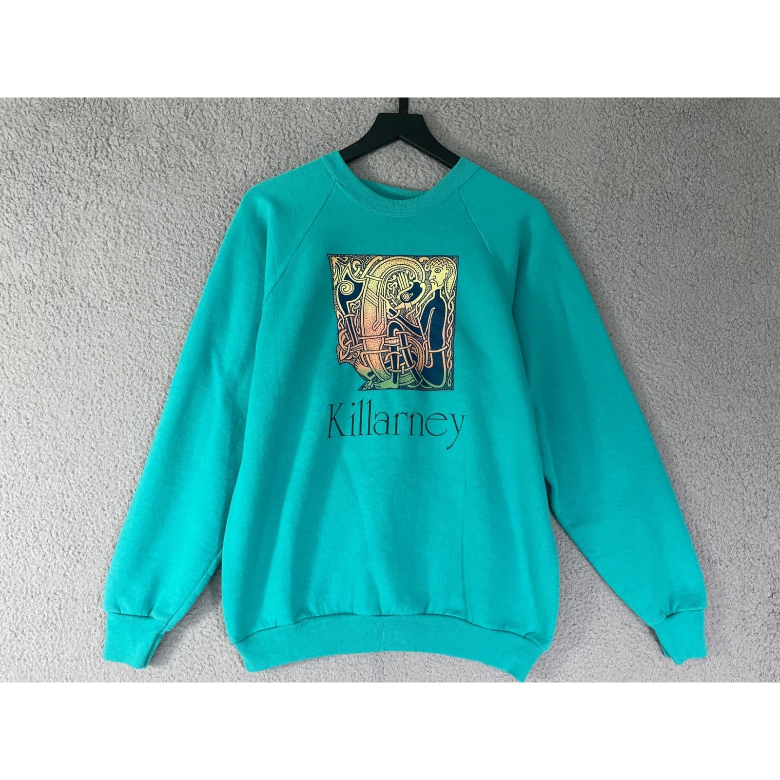 Vintage Killarney Graphic Sweatshirt XL Turquoise Irish Celtic Art Screen Stars - Thumbnail 3