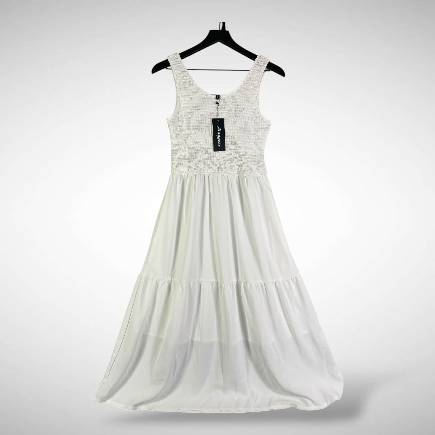 Womens White Smocked Tiered Maxi Dress Sleeveless Boho Summer Occasion M - Thumbnail 2