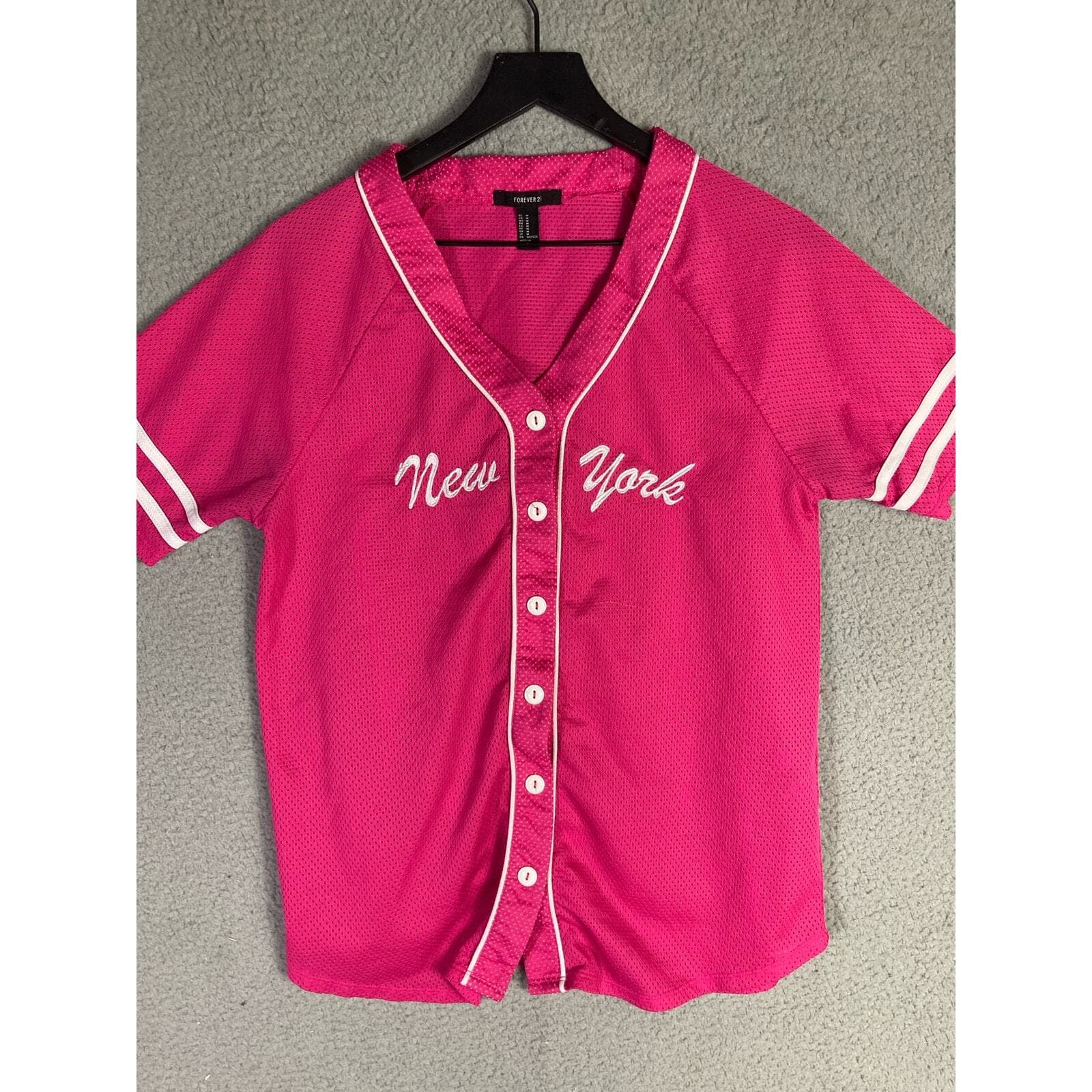Forever 21 Women's Pink V-Neck New York Graphic Jersey Top M - Thumbnail 2