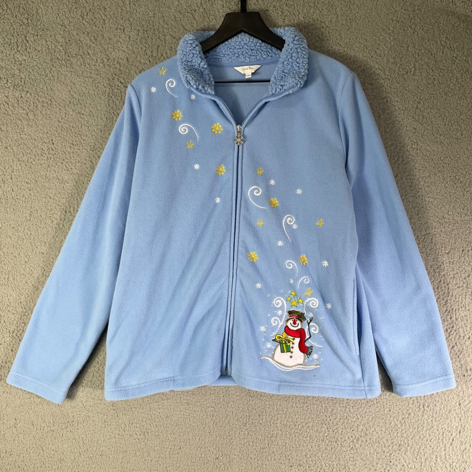 Coral Bay Fleece Jacket Women's L Snowman Winter Holiday Blue Vintage - Thumbnail 2