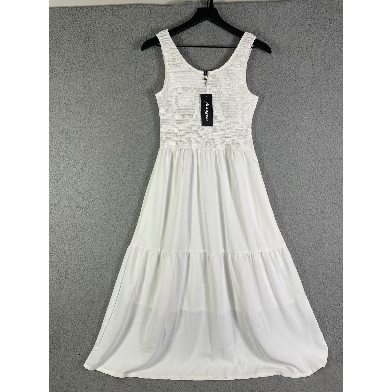 Womens White Smocked Tiered Maxi Dress Sleeveless Boho Summer Occasion M - Thumbnail 6