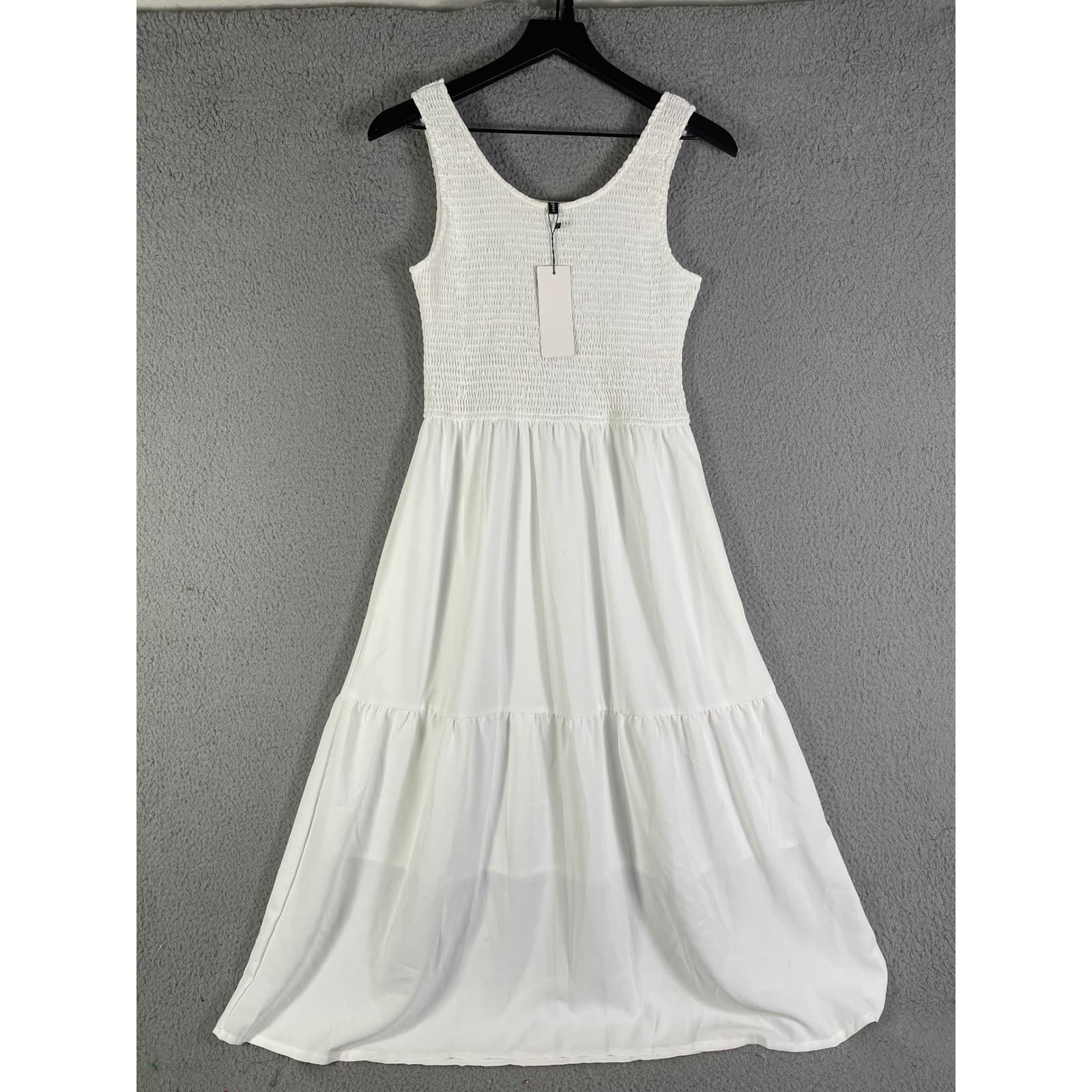 Womens White Smocked Tiered Maxi Dress Sleeveless Boho Summer Occasion M - Thumbnail 7