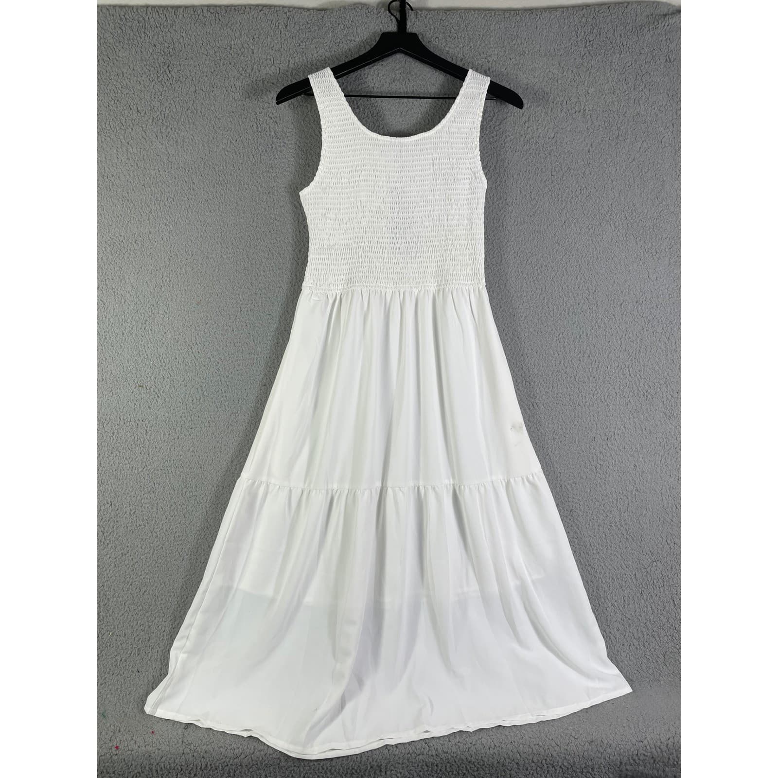 Womens White Smocked Tiered Maxi Dress Sleeveless Boho Summer Occasion M - Thumbnail 8