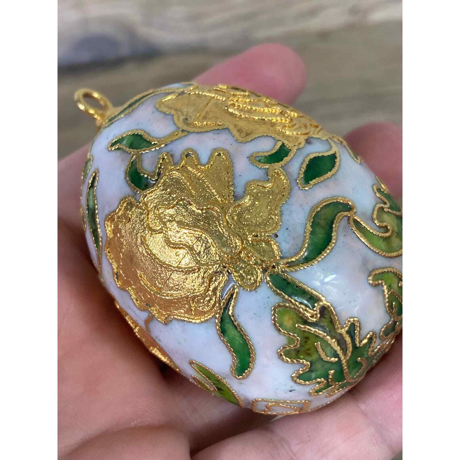 Christmas Egg Ornament Cloisonne Vintage Cloisonné Gold Hand Painted Holiday - Thumbnail 3