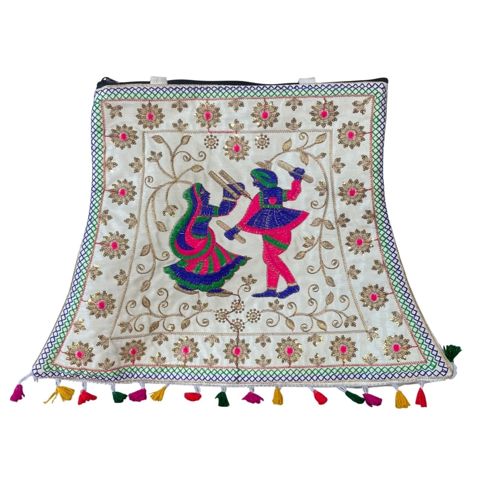 Indian Embroidered Tote Bag Dandiya Dance Mirror Work Boho Tassel Handmade - Thumbnail 2