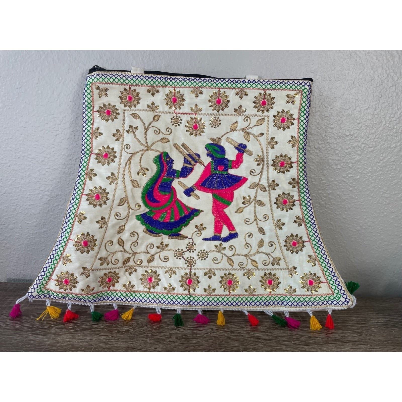 Indian Embroidered Tote Bag Dandiya Dance Mirror Work Boho Tassel Handmade - Thumbnail 4
