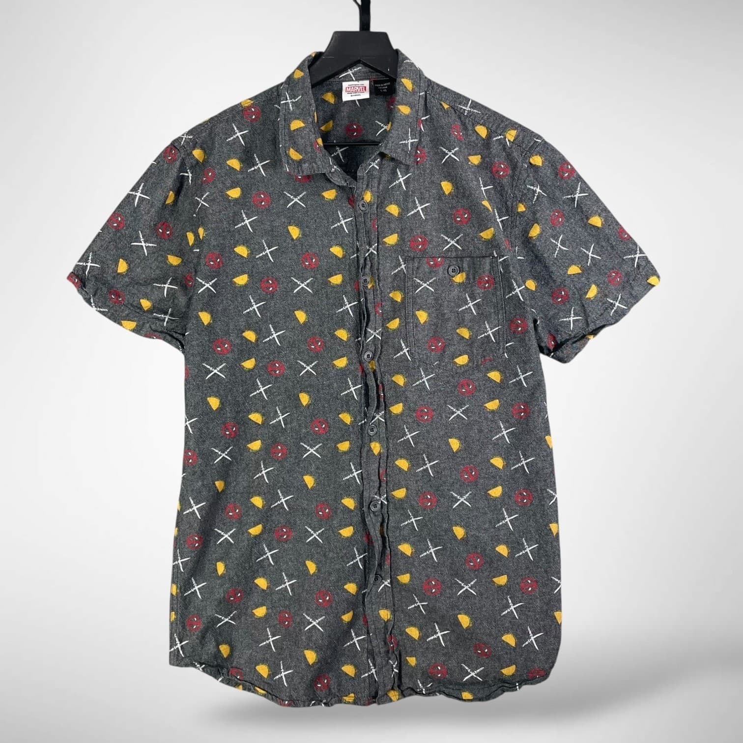 Marvel Deadpool Mens Large Short Sleeve Button Down Shirt Charcoal Grey Tacos - Thumbnail 3