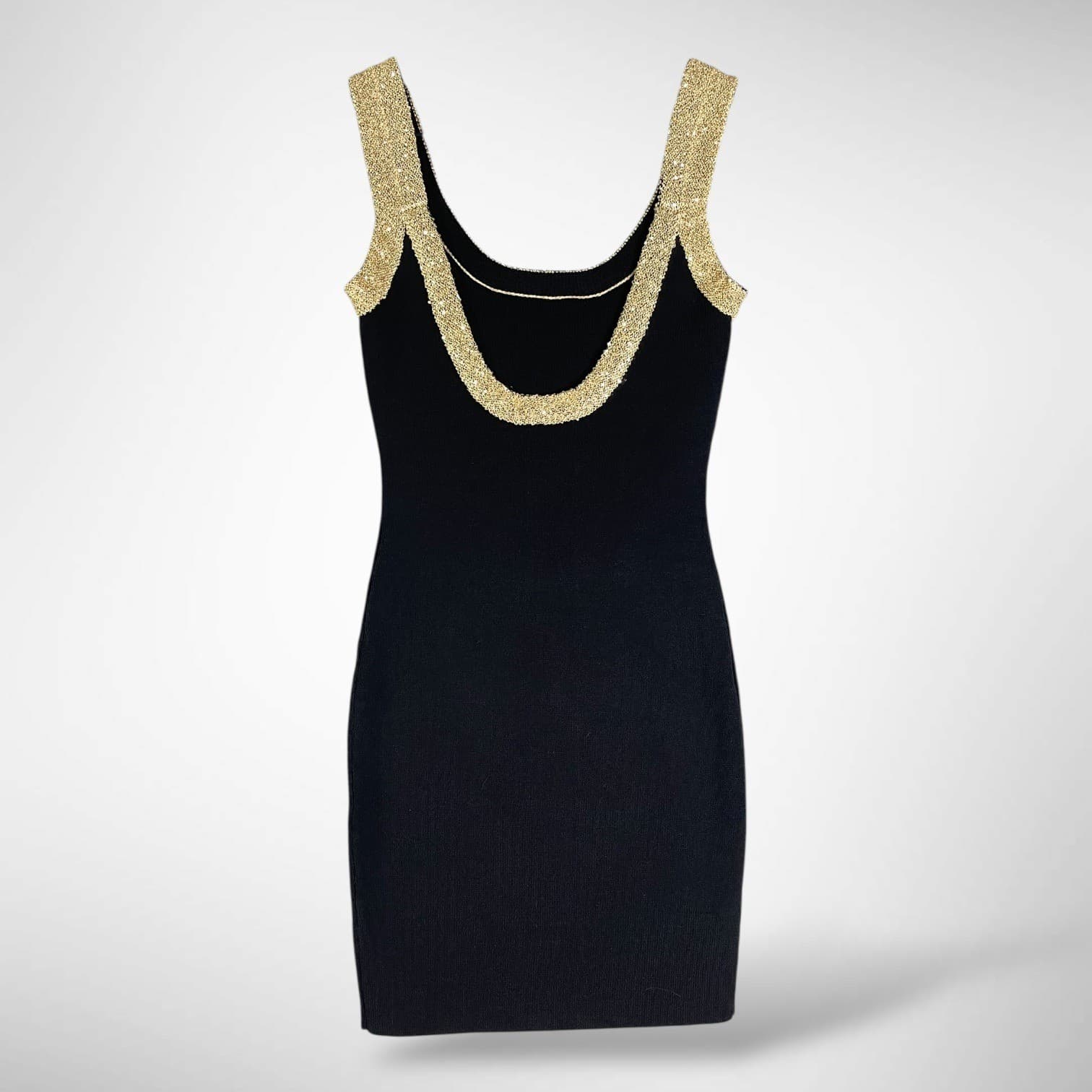 Queenia Black Gold Trim Scoop Neck Sleeveless Bodycon Cocktail Dress Women XS - Thumbnail 2