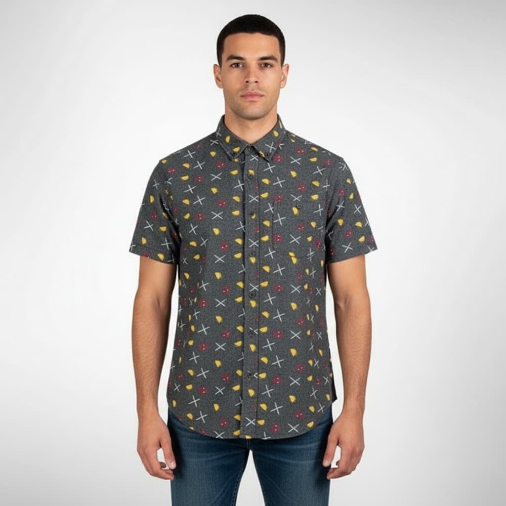 Marvel Deadpool Mens Large Short Sleeve Button Down Shirt Charcoal Grey Tacos - Thumbnail 2