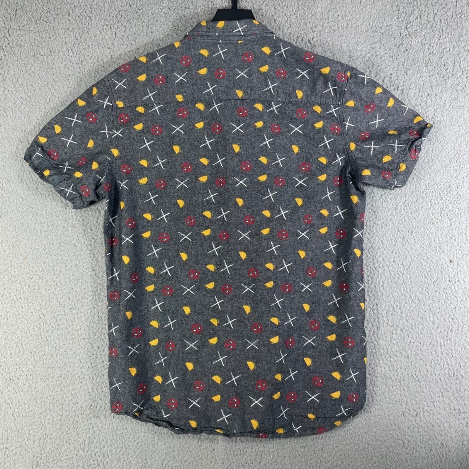 Marvel Deadpool Mens Large Short Sleeve Button Down Shirt Charcoal Grey Tacos - Thumbnail 8