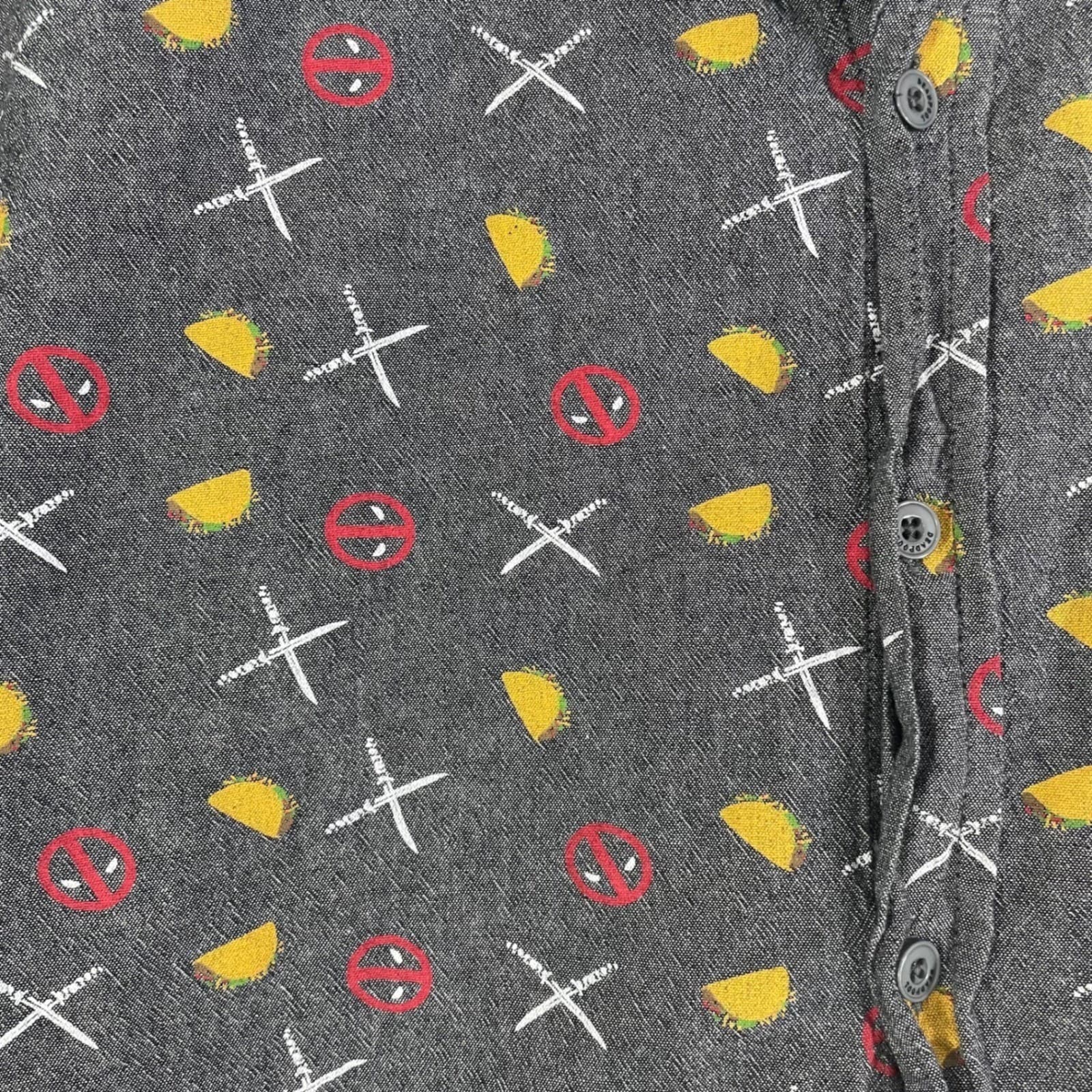 Marvel Deadpool Mens Large Short Sleeve Button Down Shirt Charcoal Grey Tacos - Thumbnail 10
