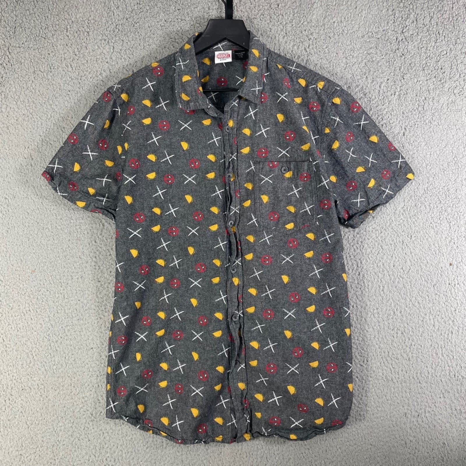 Marvel Deadpool Mens Large Short Sleeve Button Down Shirt Charcoal Grey Tacos - Thumbnail 7