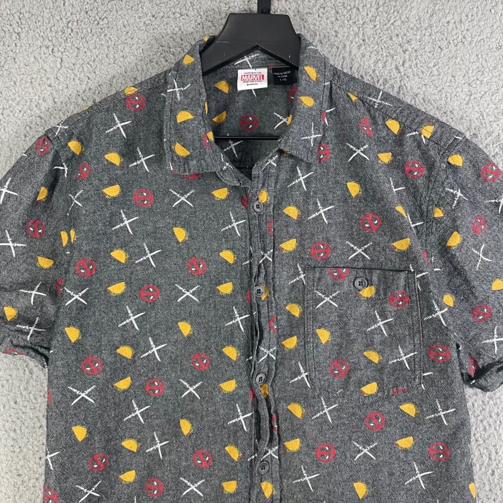 Marvel Deadpool Mens Large Short Sleeve Button Down Shirt Charcoal Grey Tacos - Thumbnail 9