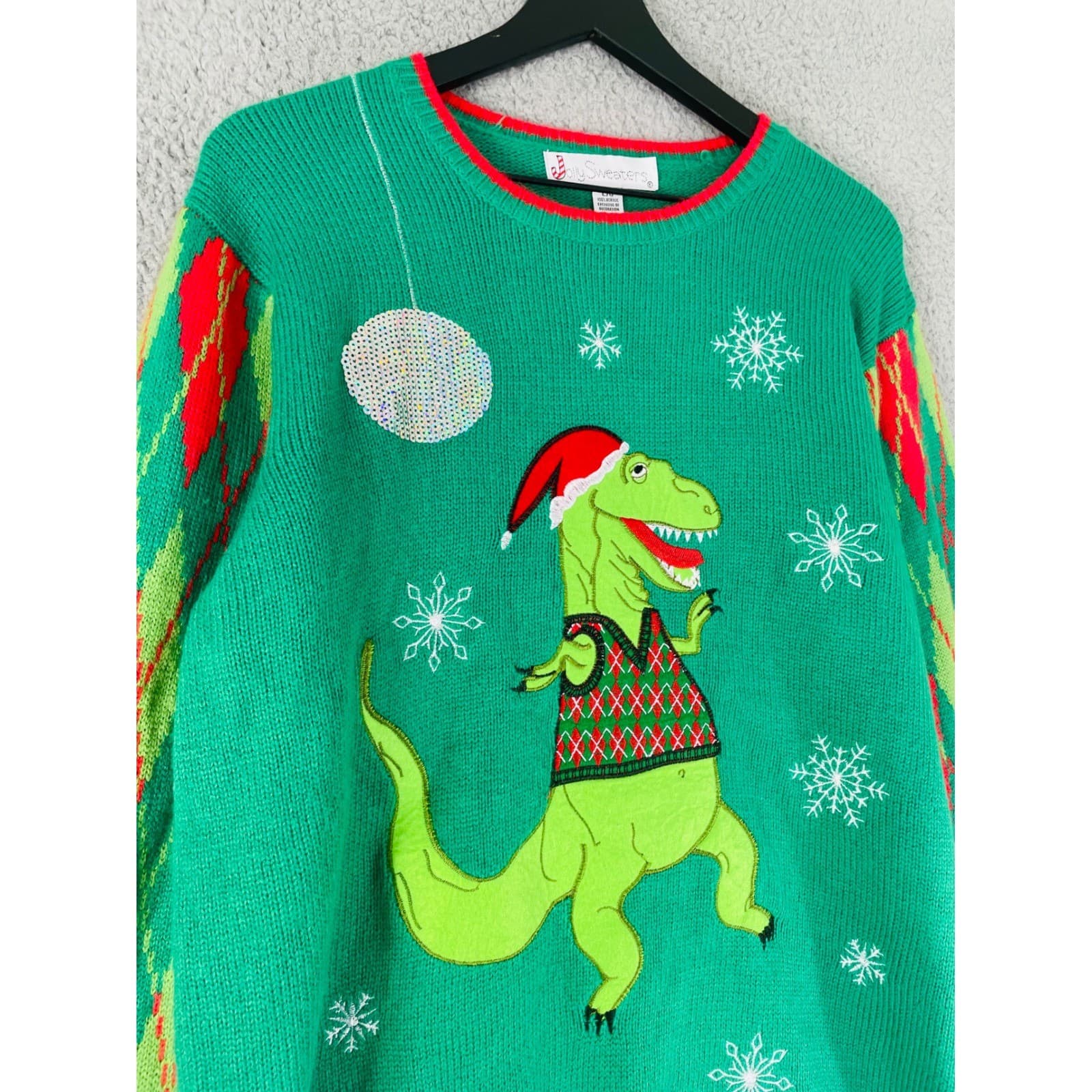 Jolly Sweaters L/G Ugly Christmas Sweater Dinosaur T-Rex Argyle Holiday Party - Thumbnail 7