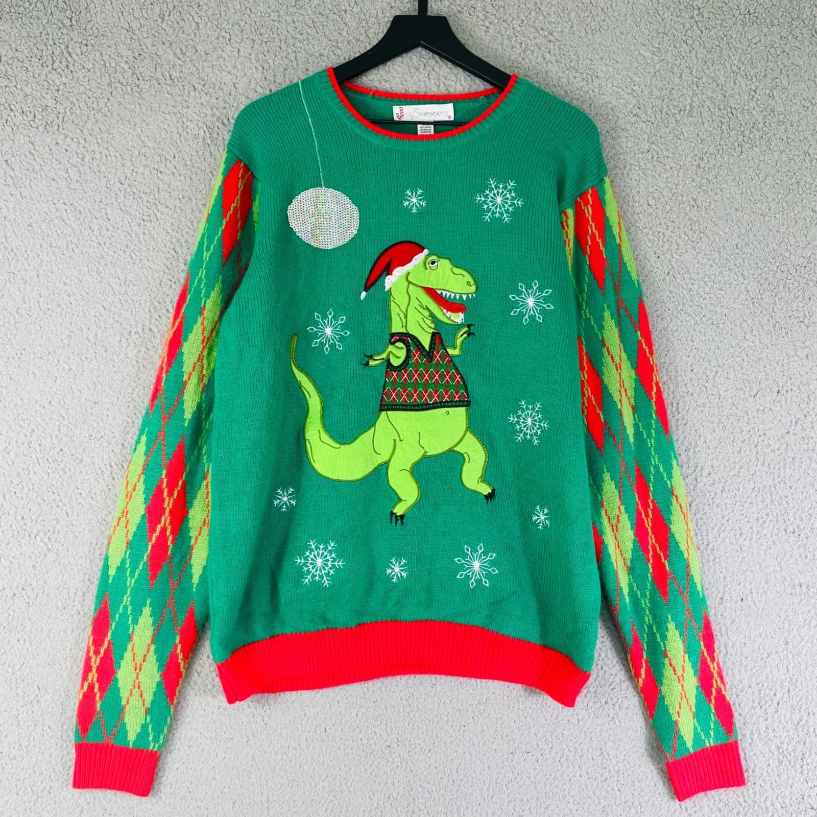 Jolly Sweaters L/G Ugly Christmas Sweater Dinosaur T-Rex Argyle Holiday Party - Thumbnail 4