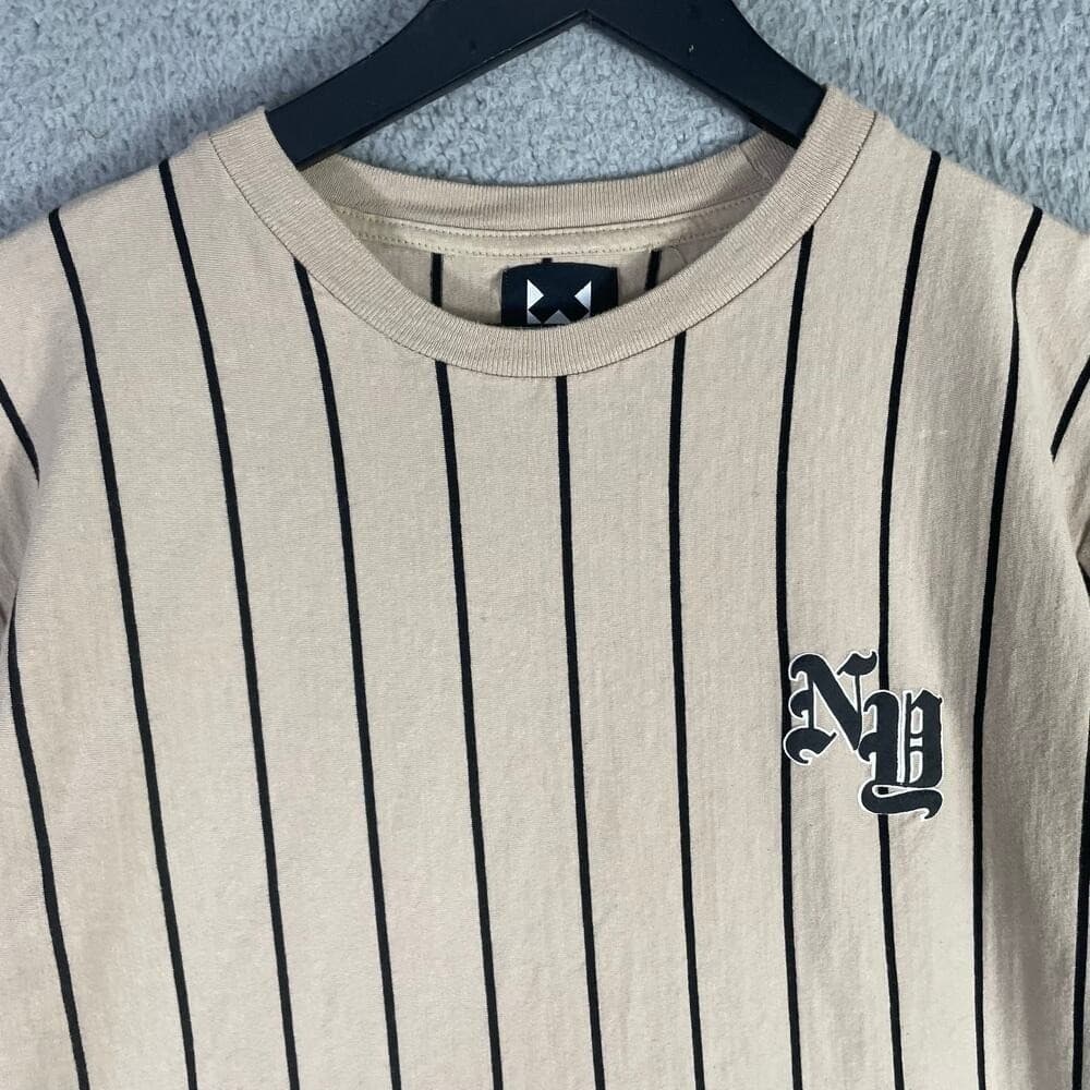 Beige Pinstripe T-Shirt Men's Medium Baseball Aesthetic Cotton WXYZ - Thumbnail 3