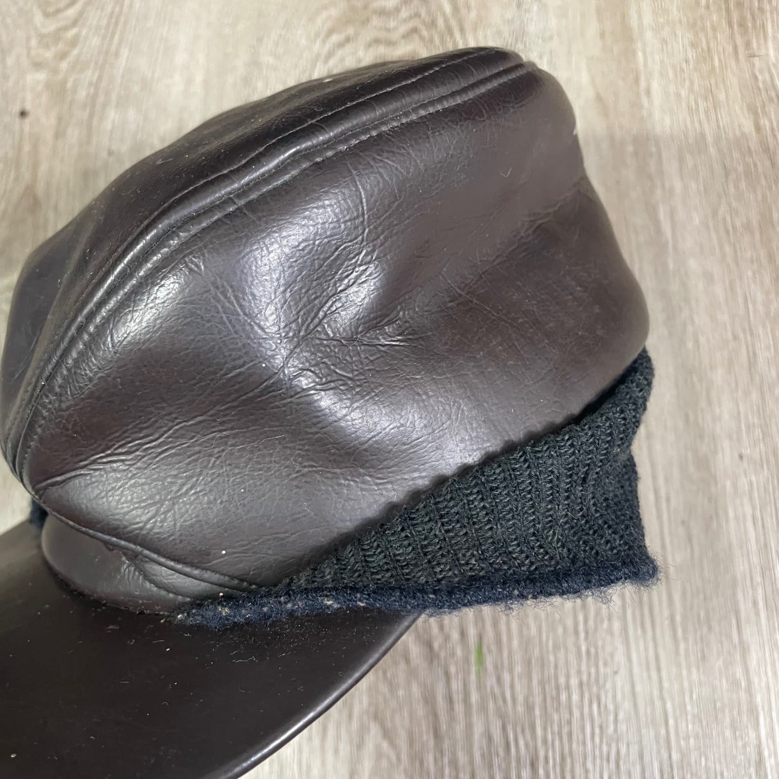 Vintage Union Made Leather Ear Flap Winter Cap Dark Brown Mens Mid Century - Thumbnail 8