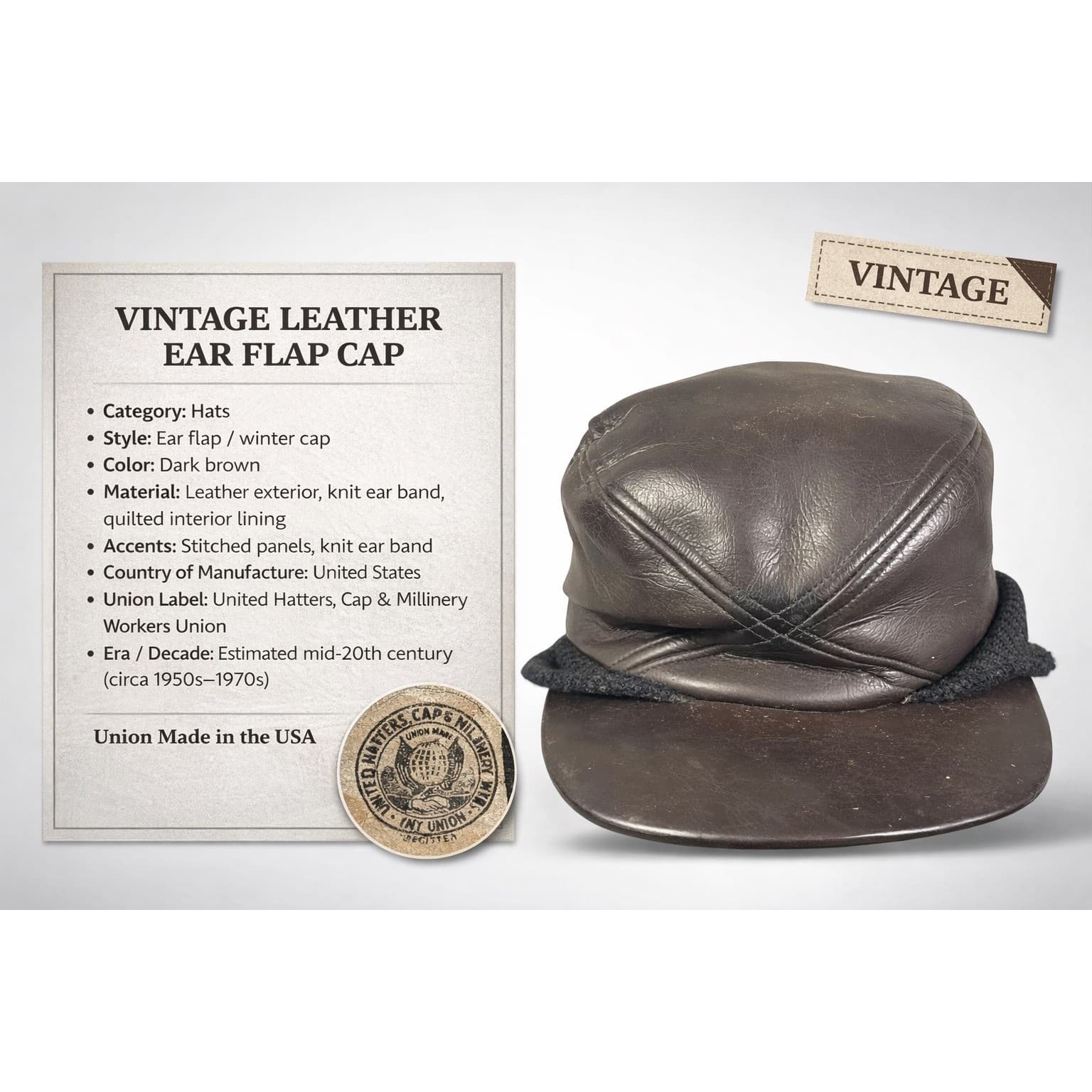 Vintage Union Made Leather Ear Flap Winter Cap Dark Brown Mens Mid Century - Thumbnail 2