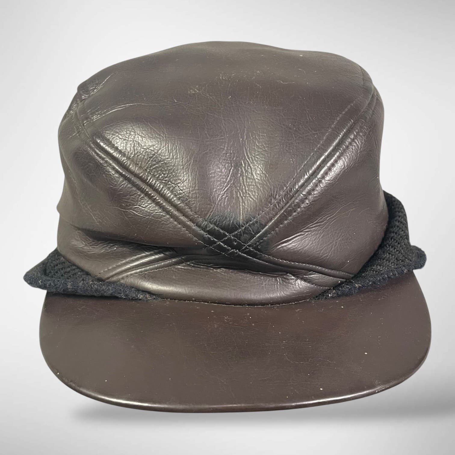 Vintage Union Made Leather Ear Flap Winter Cap Dark Brown Mens Mid Century
