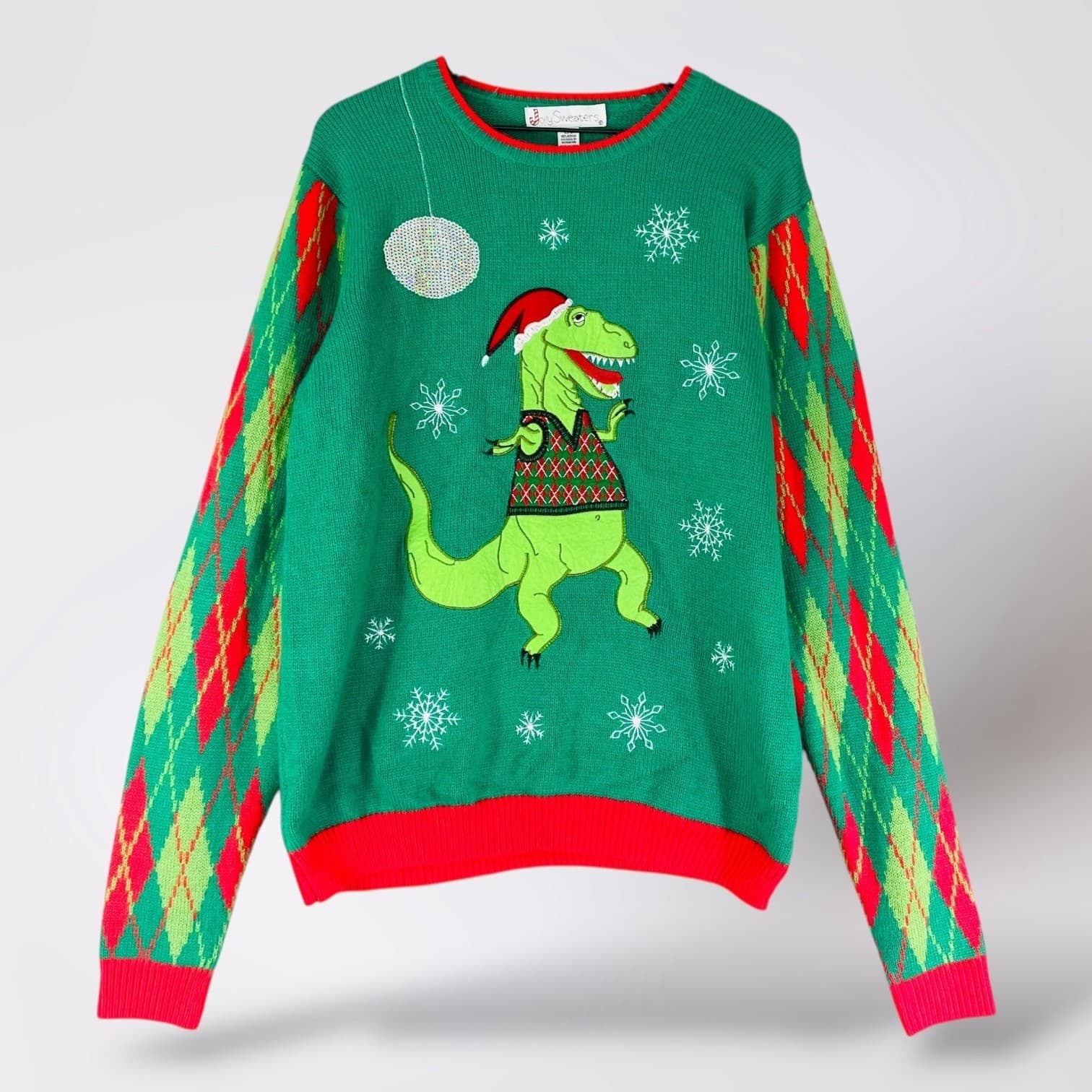 Jolly Sweaters L/G Ugly Christmas Sweater Dinosaur T-Rex Argyle Holiday Party
