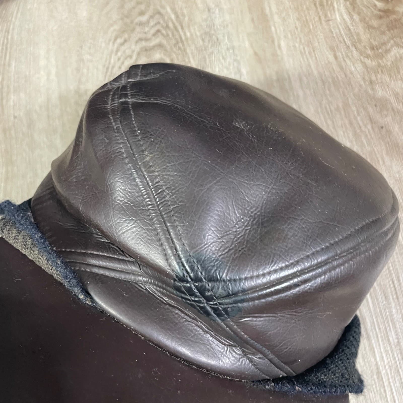 Vintage Union Made Leather Ear Flap Winter Cap Dark Brown Mens Mid Century - Thumbnail 9