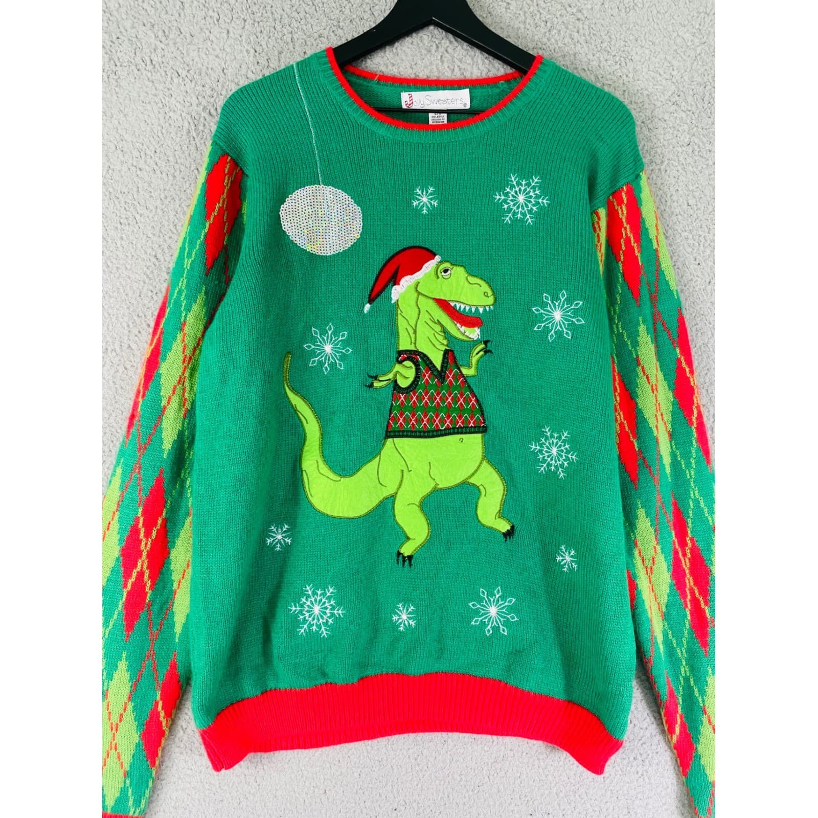 Jolly Sweaters L/G Ugly Christmas Sweater Dinosaur T-Rex Argyle Holiday Party - Thumbnail 6
