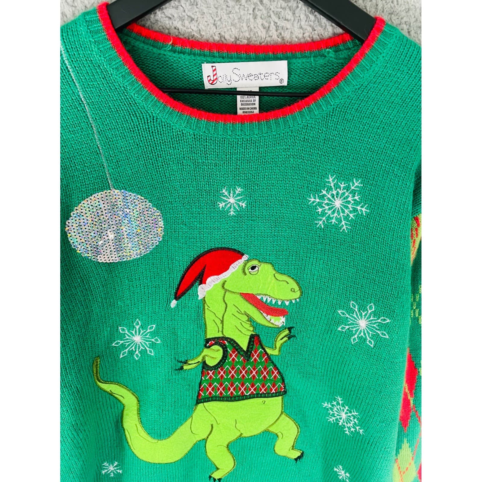 Jolly Sweaters L/G Ugly Christmas Sweater Dinosaur T-Rex Argyle Holiday Party - Thumbnail 8