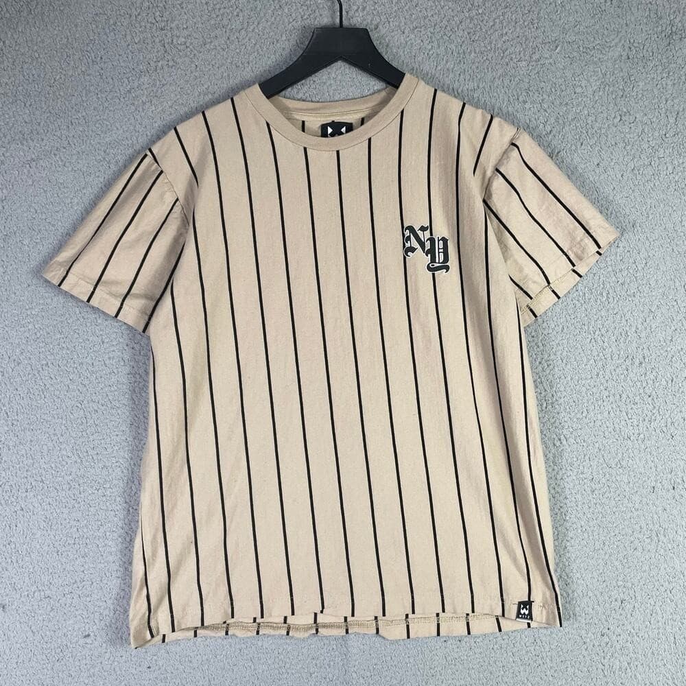 Beige Pinstripe T-Shirt Men's Medium Baseball Aesthetic Cotton WXYZ - Thumbnail 6