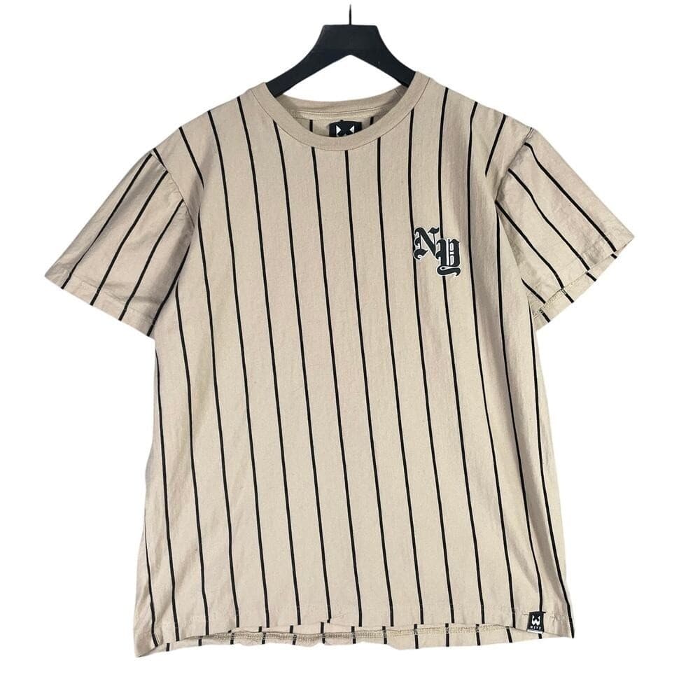 Beige Pinstripe T-Shirt Men's Medium Baseball Aesthetic Cotton WXYZ - Thumbnail 2
