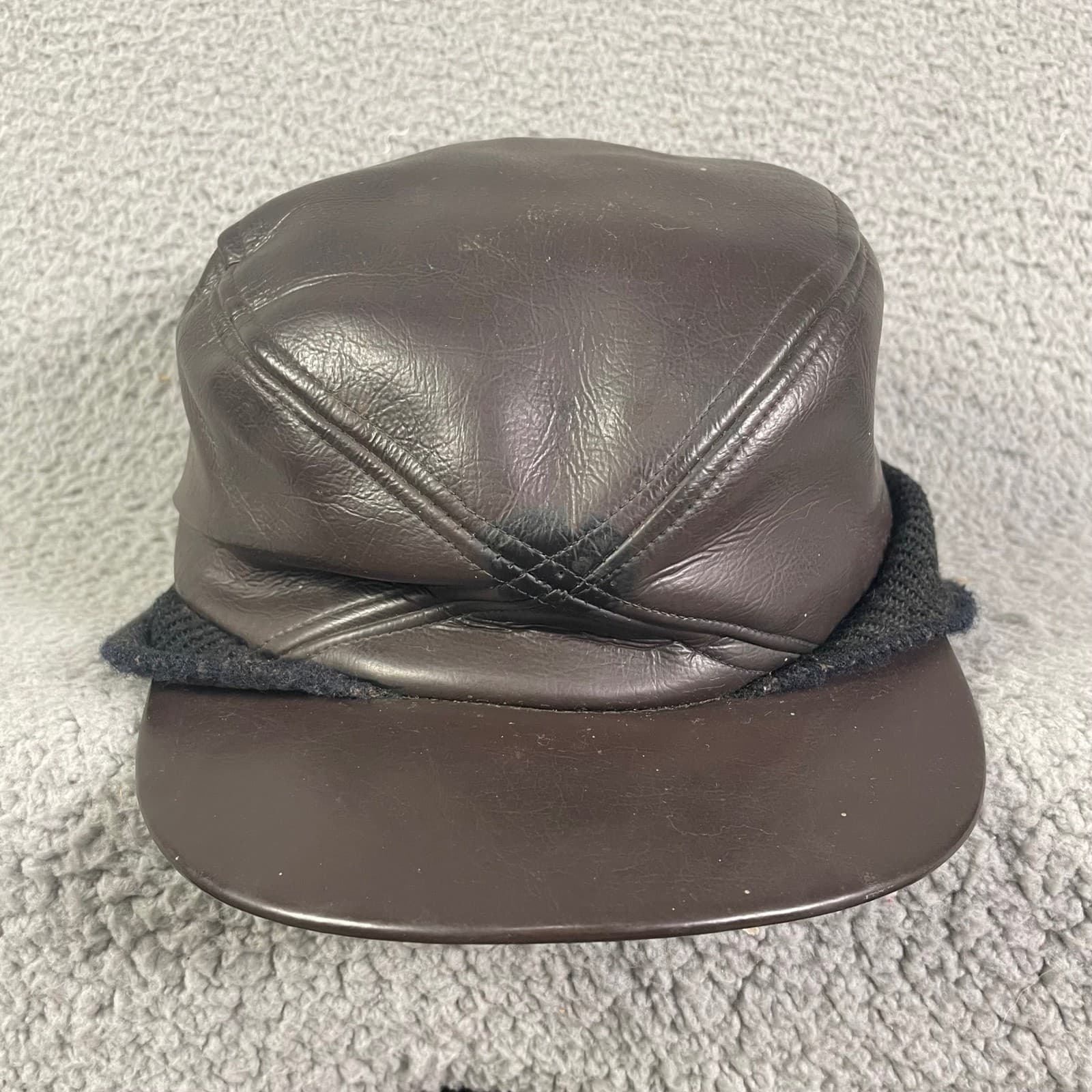 Vintage Union Made Leather Ear Flap Winter Cap Dark Brown Mens Mid Century - Thumbnail 5