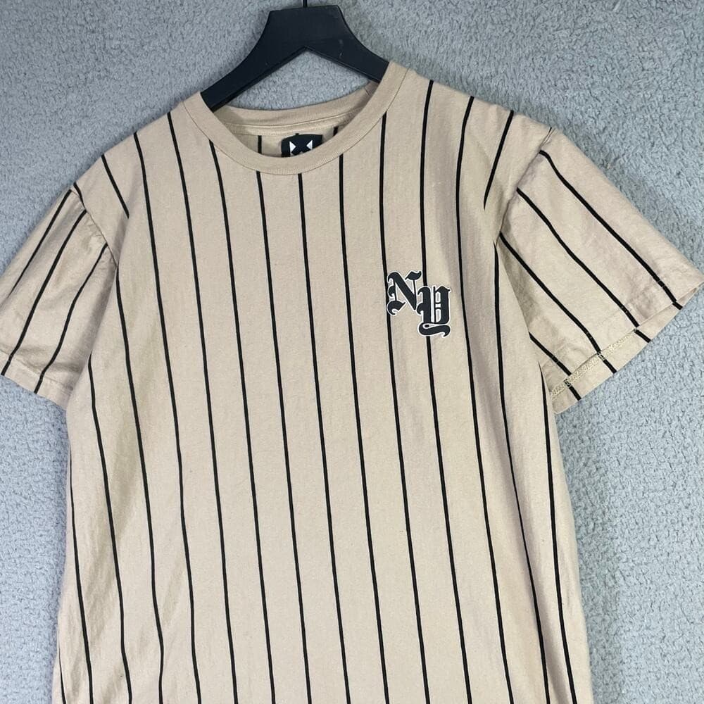 Beige Pinstripe T-Shirt Men's Medium Baseball Aesthetic Cotton WXYZ - Thumbnail 4