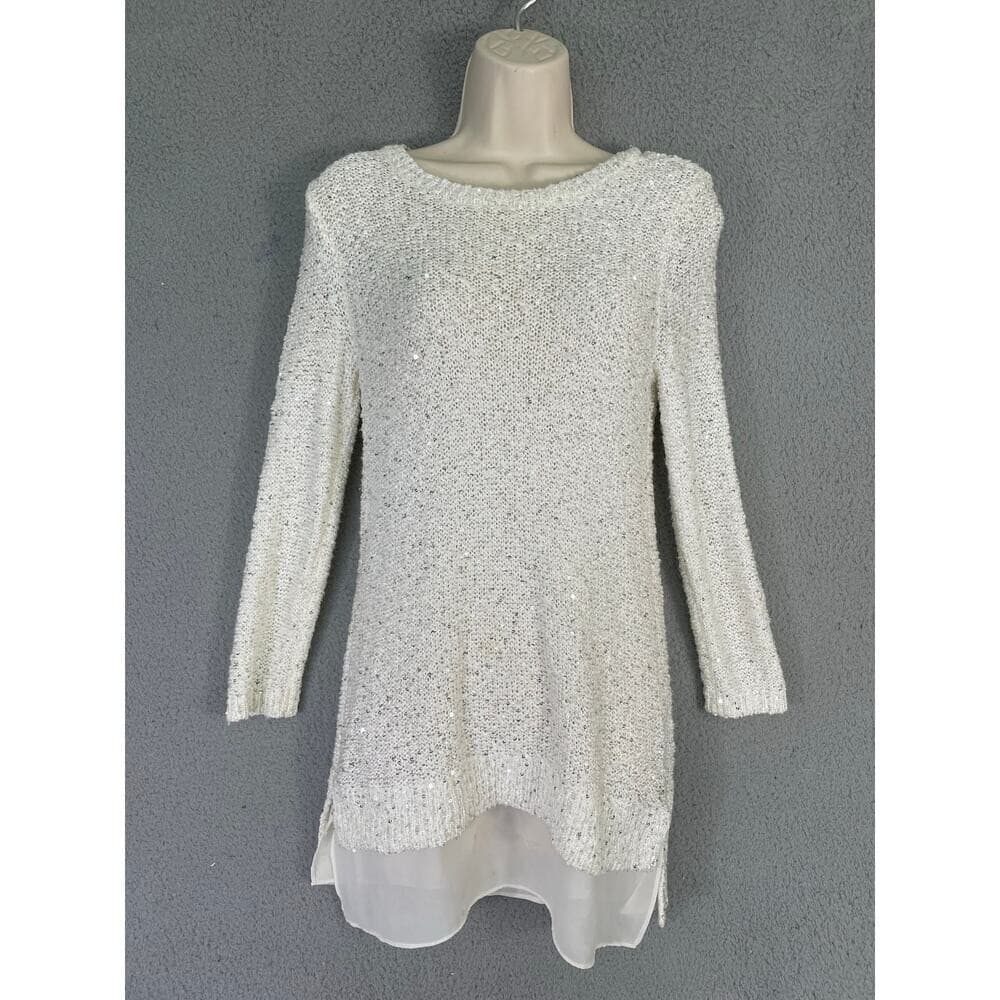 LOFT White Sequin Knit Sweater Tunic Sheer Hem Women's Small