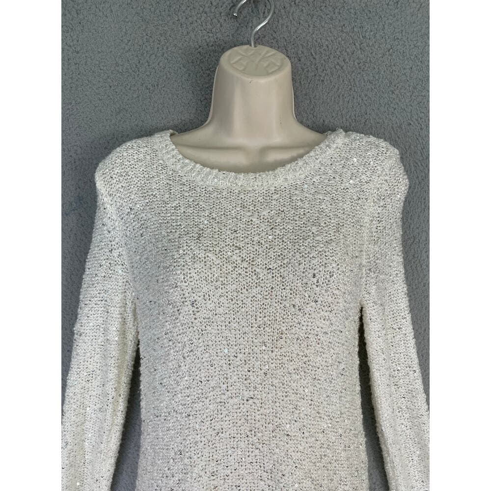 LOFT White Sequin Knit Sweater Tunic Sheer Hem Women's Small - Thumbnail 5