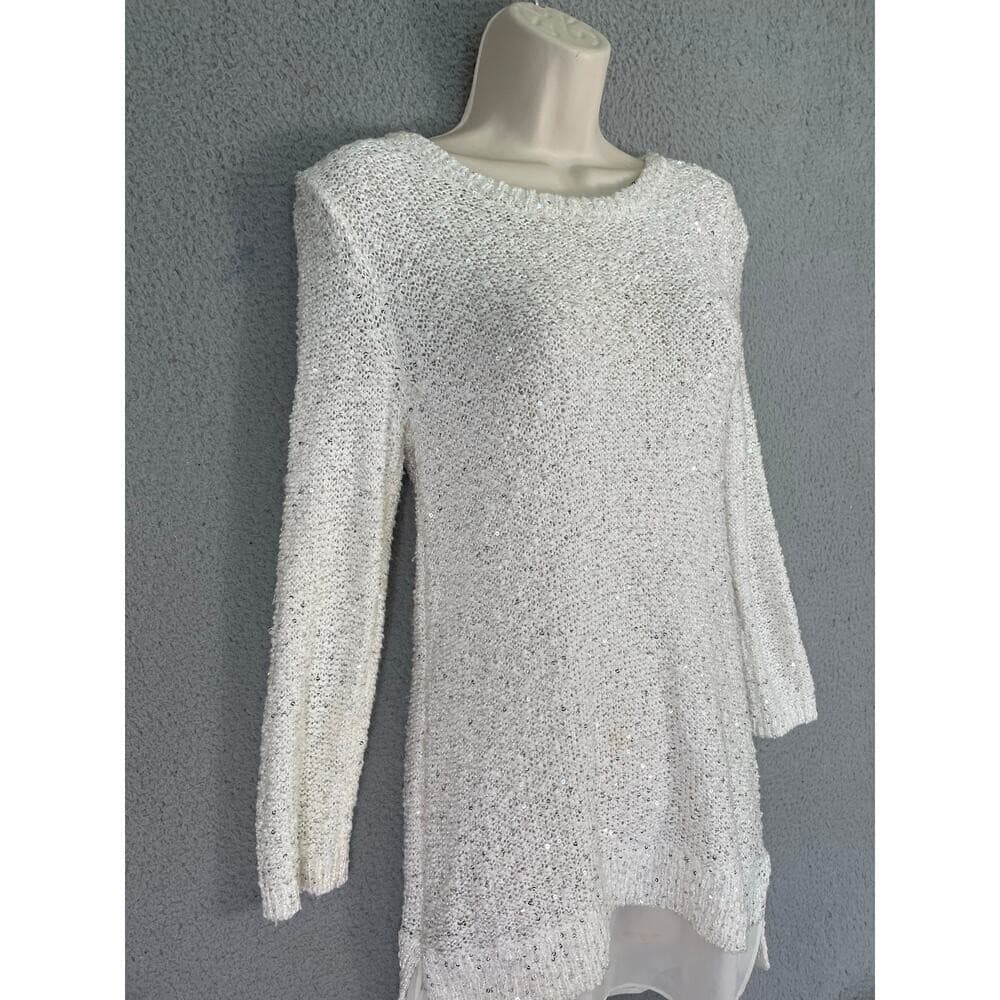 LOFT White Sequin Knit Sweater Tunic Sheer Hem Women's Small - Thumbnail 6
