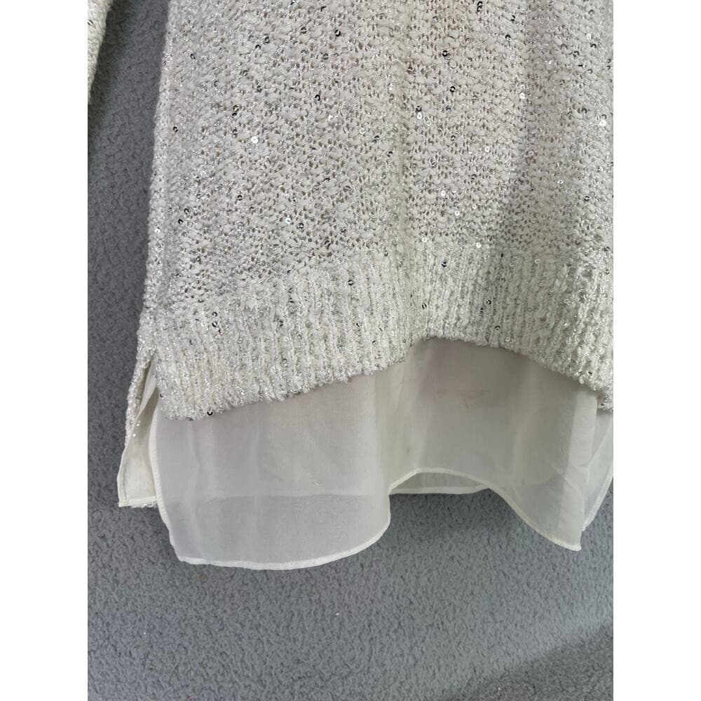 LOFT White Sequin Knit Sweater Tunic Sheer Hem Women's Small - Thumbnail 7