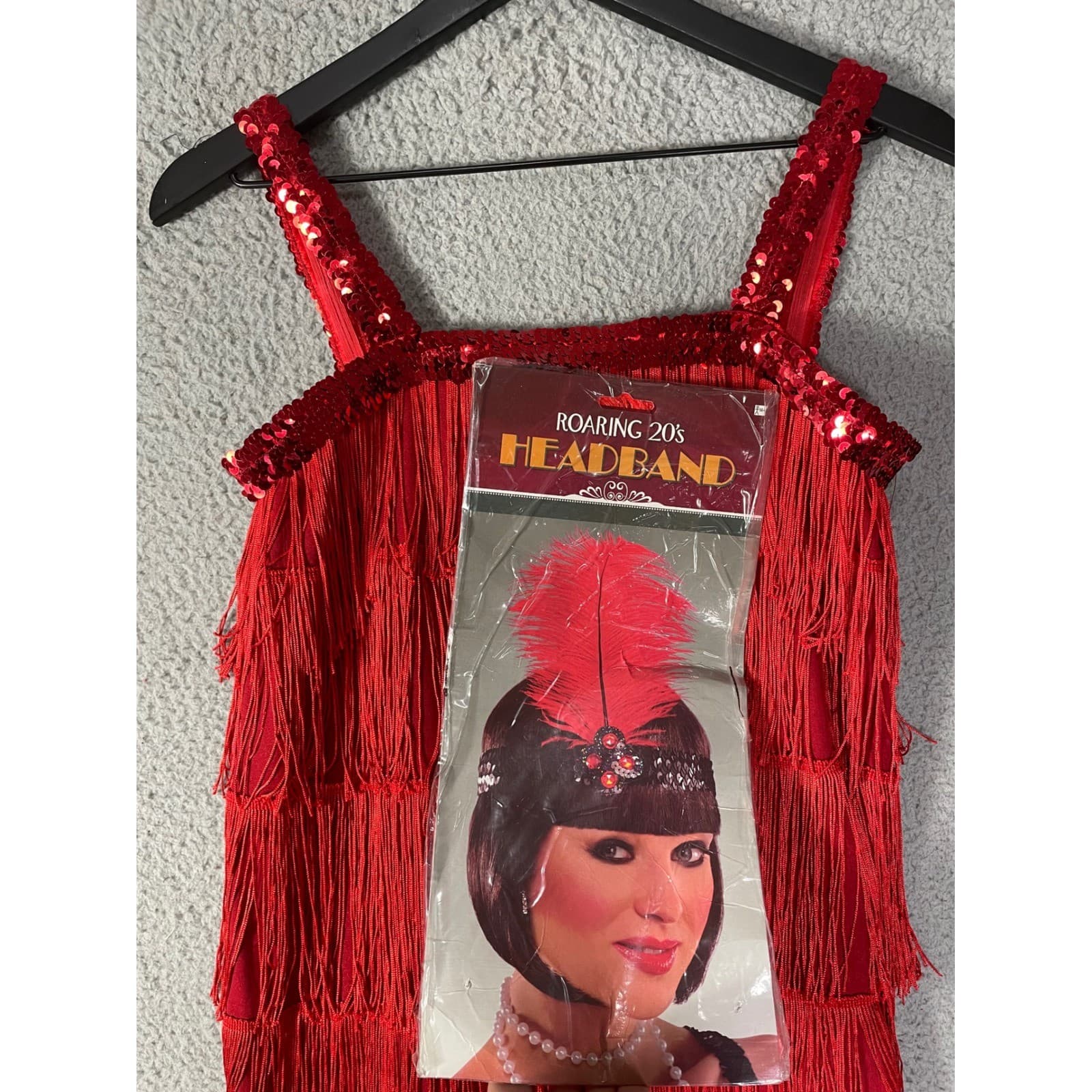 Red Flapper Dress Costume 1920s Roaring 20s Outfit Sequin Fringe Headband - Thumbnail 2