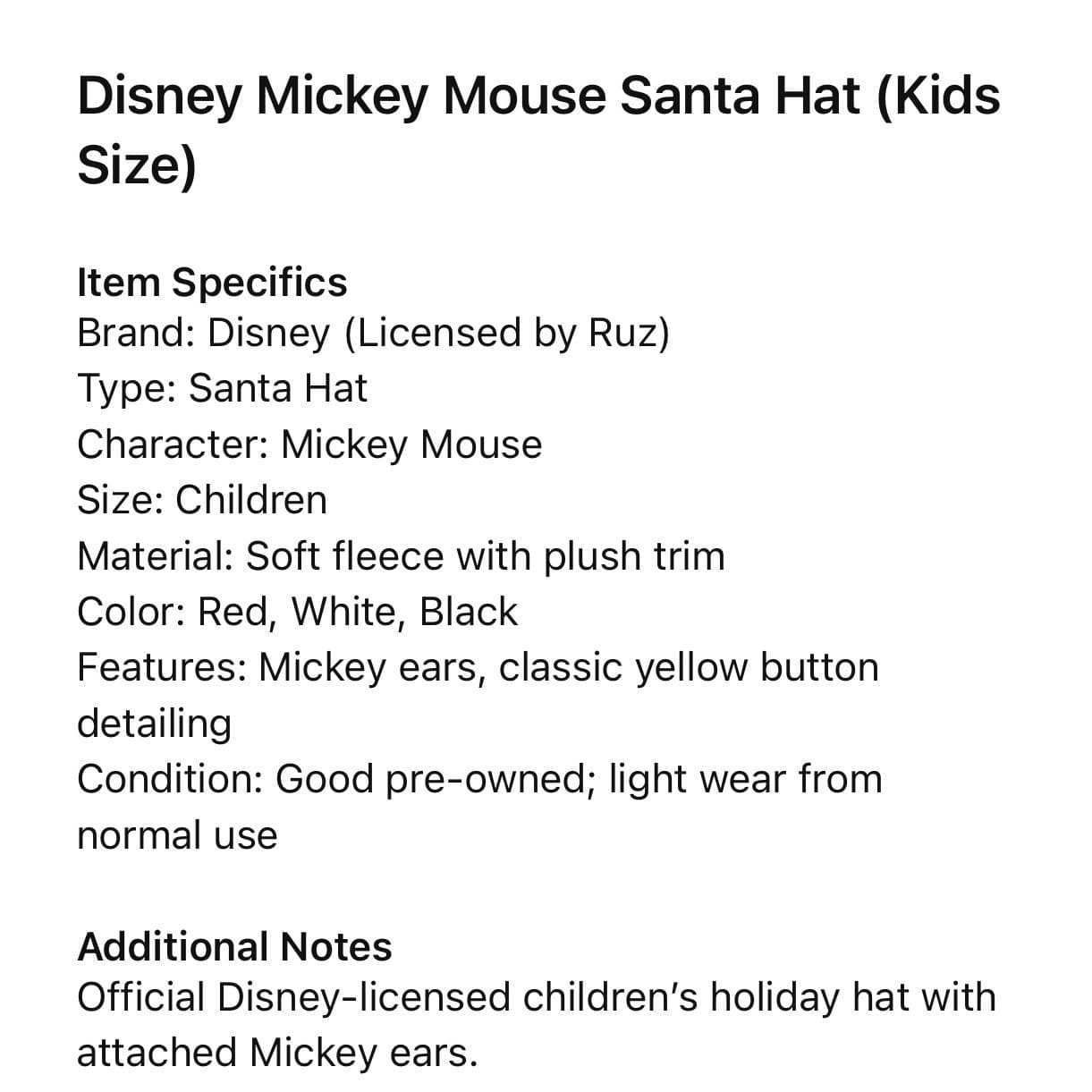 Disney Mickey Mouse Santa Hat Kids Christmas Holiday Plush Fleece Ears - Thumbnail 2