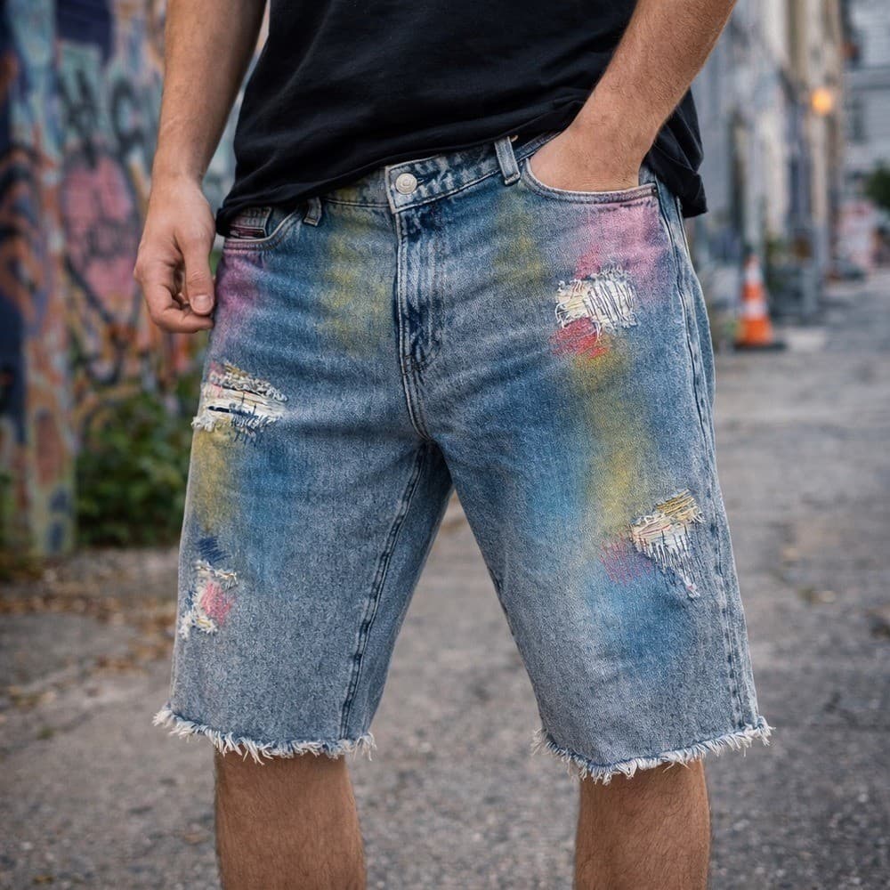 Akademiks Denim Shorts Mens 38 Distressed Paint Splatter Streetwear Jorts