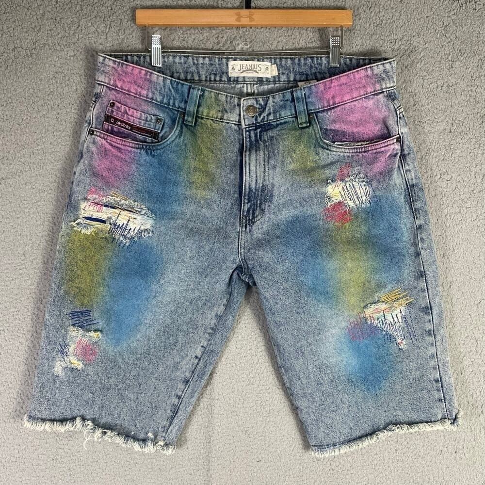 Akademiks Denim Shorts Mens 38 Distressed Paint Splatter Streetwear Jorts - Thumbnail 9