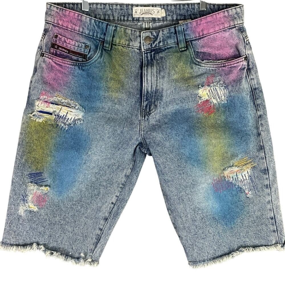 Akademiks Denim Shorts Mens 38 Distressed Paint Splatter Streetwear Jorts - Thumbnail 2