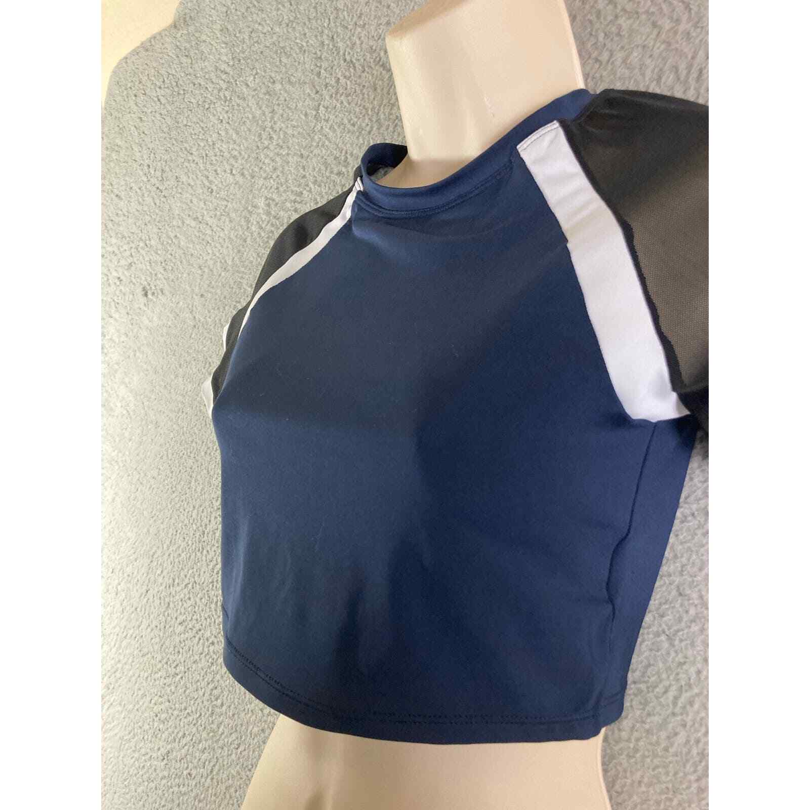 Women’s Mesh Crop Top Blue Black Sheer Short Sleeve Party Clubwear Stretch M - Thumbnail 10