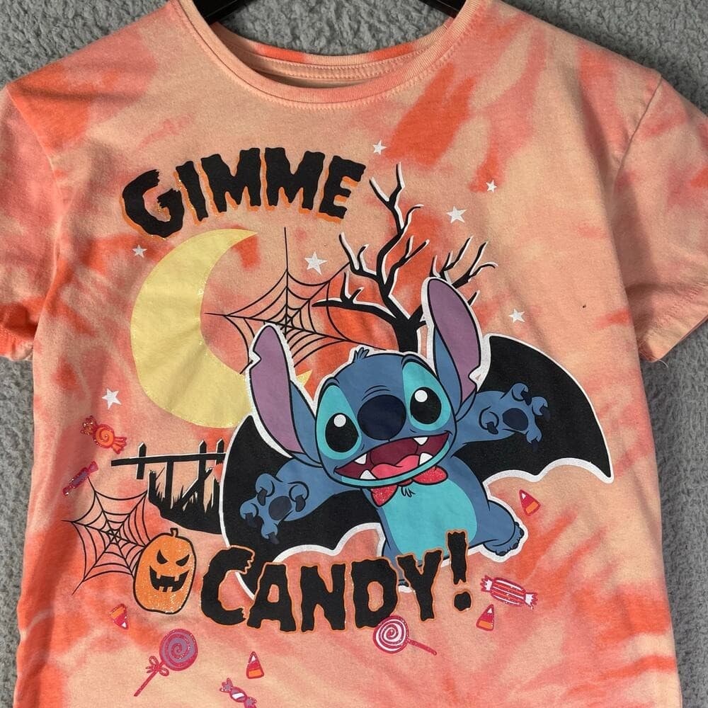 Disney Stitch Halloween Graphic T-Shirt Kids L Gimme Candy Bat Pumpkin Tie Dye - Thumbnail 6