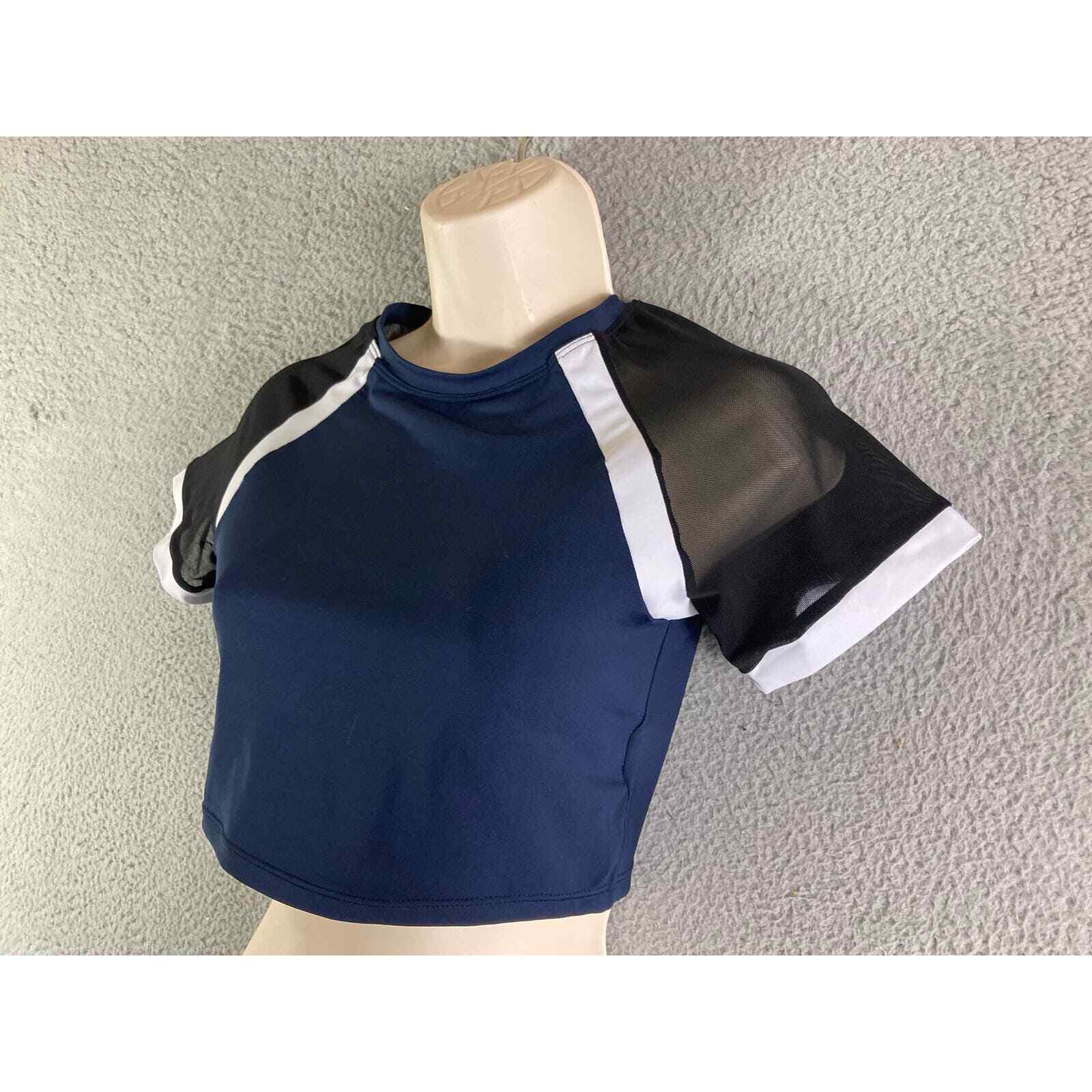 Women’s Mesh Crop Top Blue Black Sheer Short Sleeve Party Clubwear Stretch M - Thumbnail 11