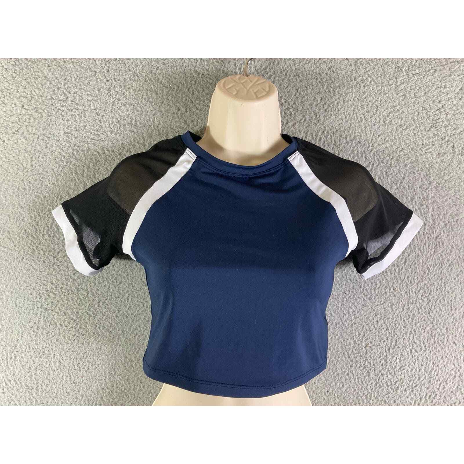 Women’s Mesh Crop Top Blue Black Sheer Short Sleeve Party Clubwear Stretch M - Thumbnail 3