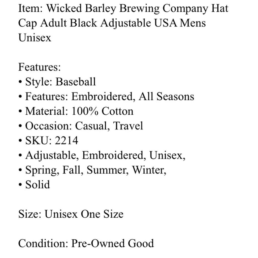 Wicked Barley Brewing Co Craft Beer Snapback Hat Black Unisex Adjustable Cap - Thumbnail 10