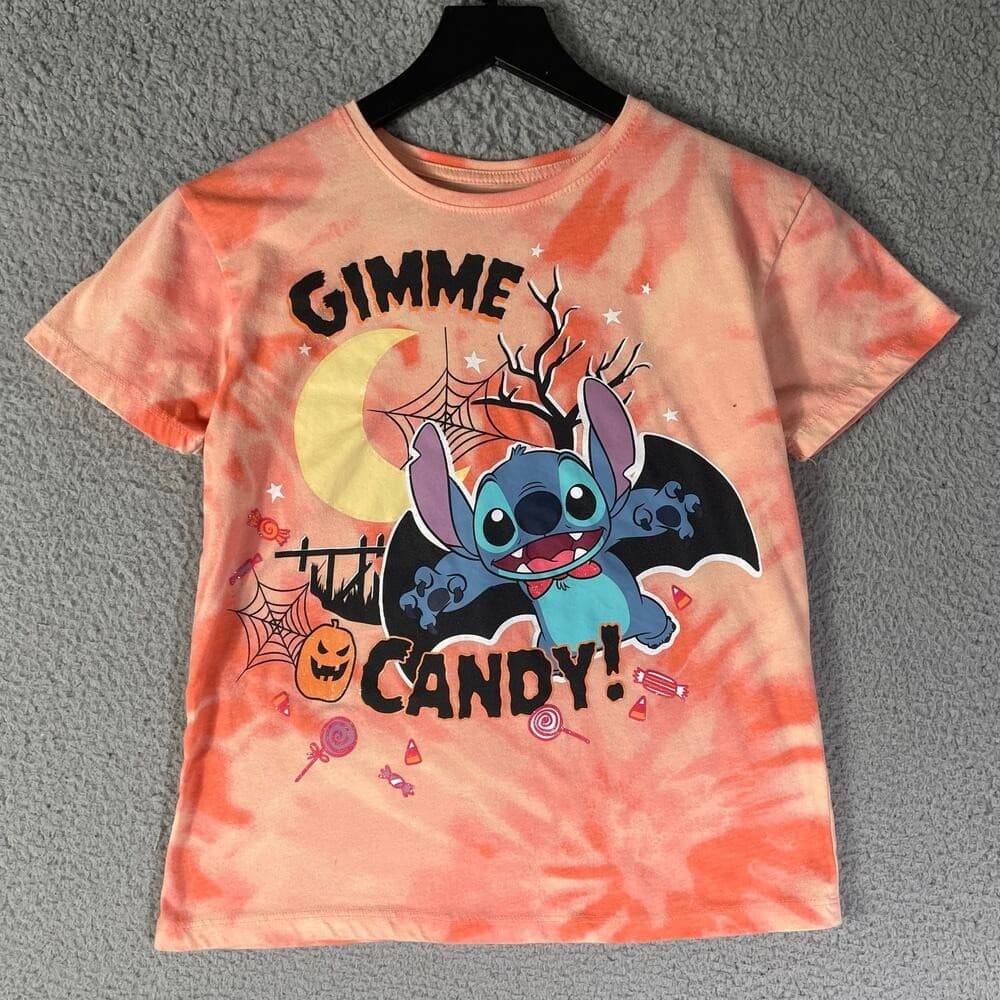 Disney Stitch Halloween Graphic T-Shirt Kids L Gimme Candy Bat Pumpkin Tie Dye - Thumbnail 2